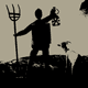 A man holds up lantern and pitchfork as a goat watches.